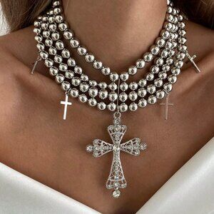 Women's Silver Boho Multi-Layer Beaded Cross Pendant Necklace